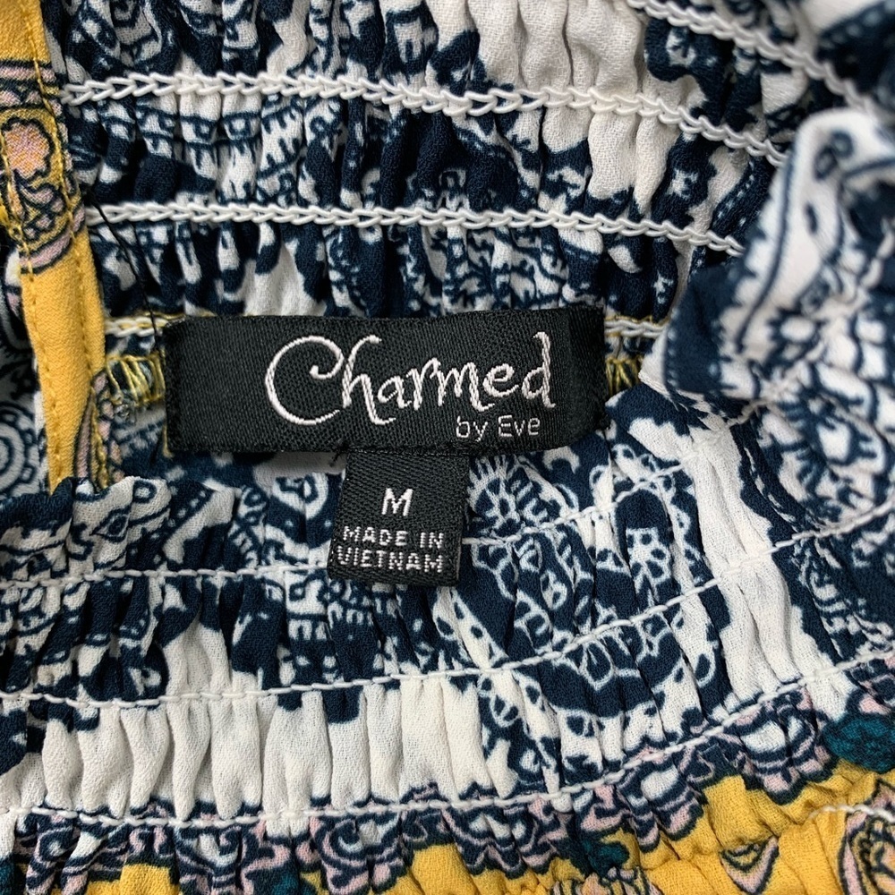 Charmed by Eve Blouse‎ Smocked High Neck Flutter Sleeve Blue Yellow Print Size M - Picture 6 of 10
